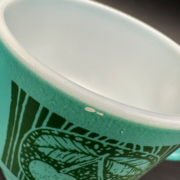 Vintage Milk Glass Mugs Hazel Atlas Teal Green Stacking Fruit Cherry Pear Apple - Picture 9 of 12